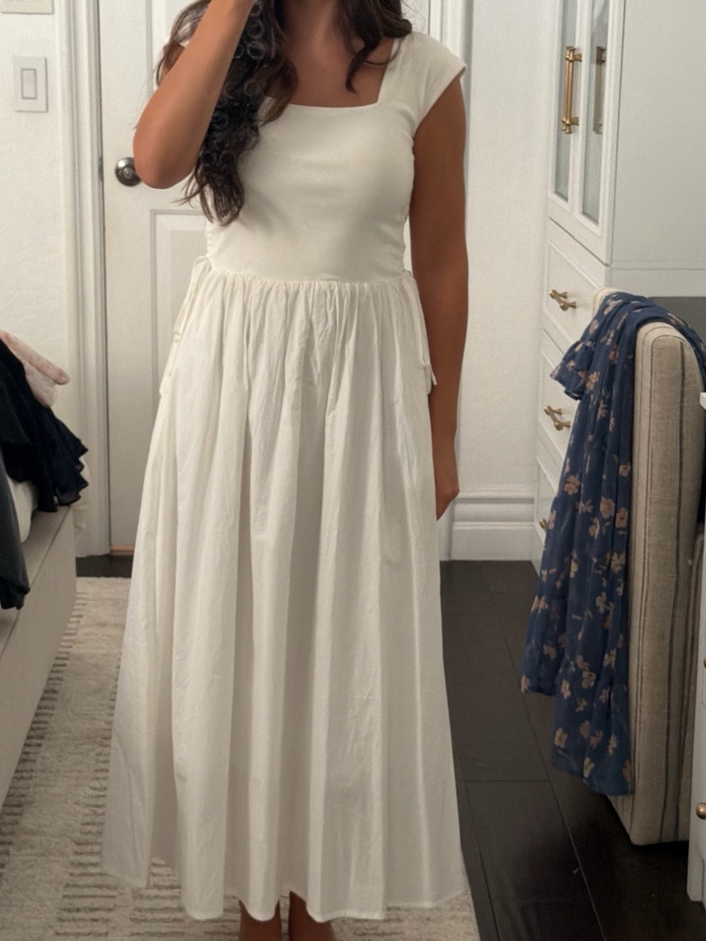 Classic White Square-Neck Maxi Dress with Cap Sleeves
